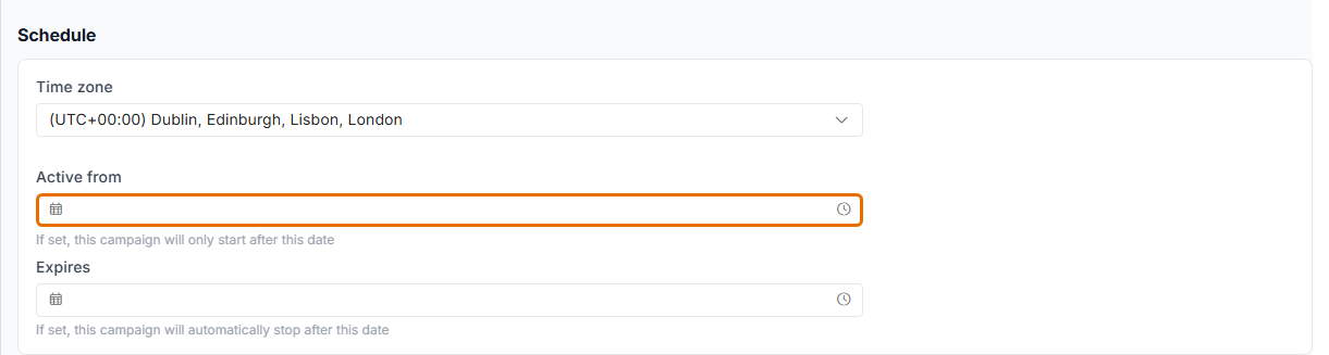 Schedule section with a Time zone selector and Active from and Expires date and time pickers.