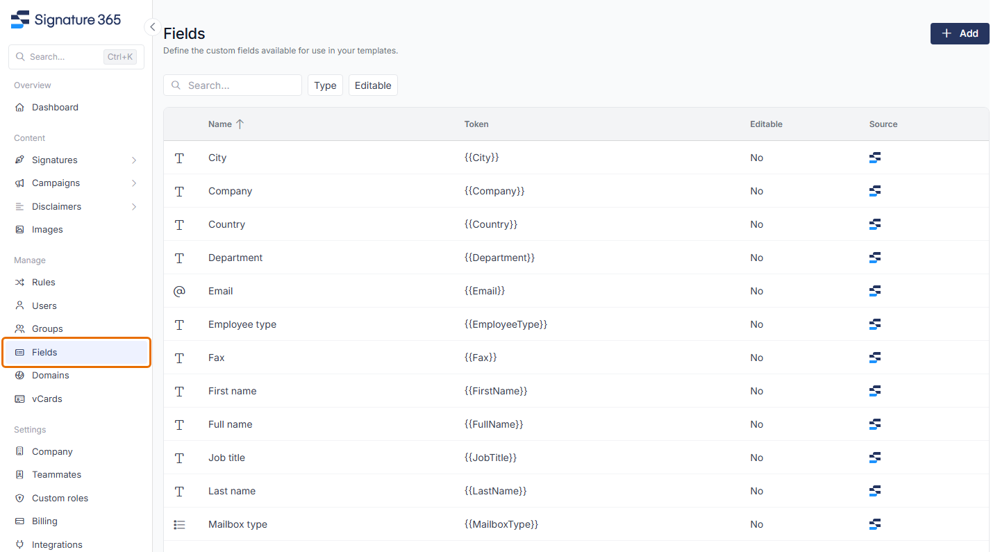 Signature 365 Fields screen with Fields highlighted in the menu, listing each field with its token, whether it is editable and its source.