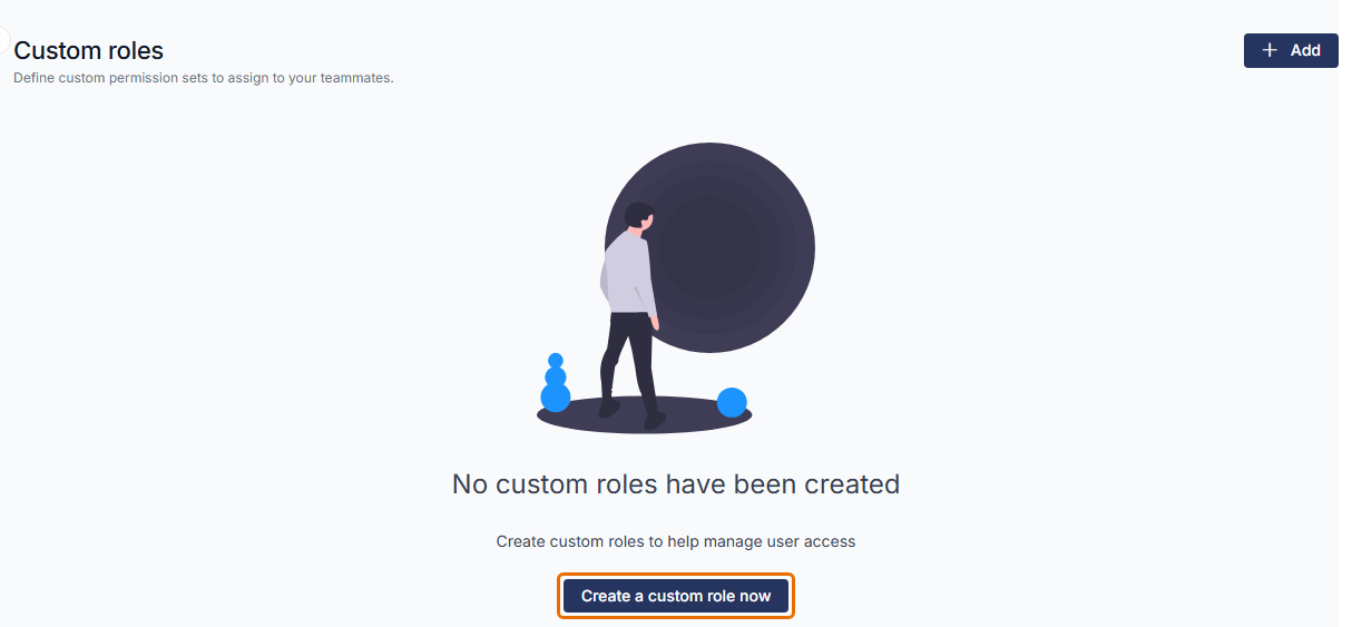 Custom roles page reading No custom roles have been created, with the Create a custom role now button highlighted.