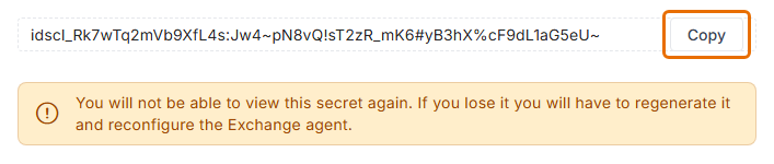 Generated Exchange agent secret with the Copy button highlighted.