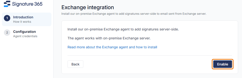 Exchange integration introduction page with the Enable button highlighted.