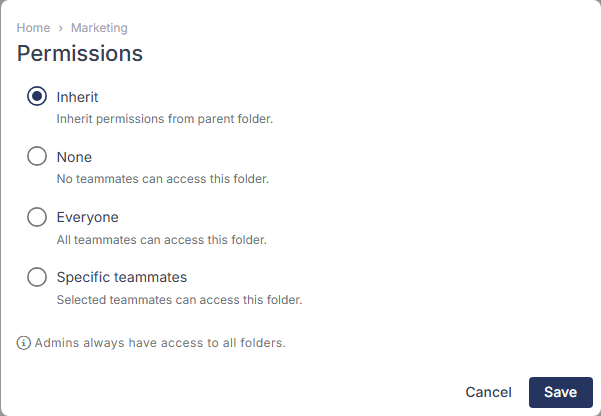 Permissions for the Marketing folder, with Inherit selected and None, Everyone and Specific teammates available.