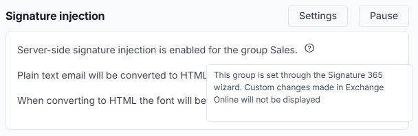 Microsoft 365 integration settings showing server-side signature injection enabled for the Sales group, with its help text open.