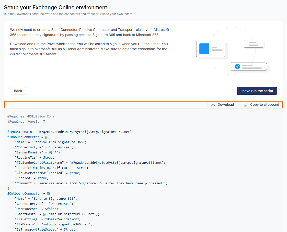 The Setup your Exchange Online environment page with the Download and Copy to clipboard buttons highlighted above the generated PowerShell script.