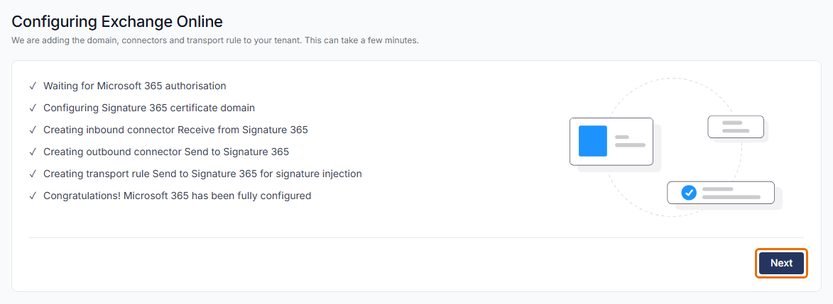 The Configuring Exchange Online page with every step ticked and the Next button highlighted.