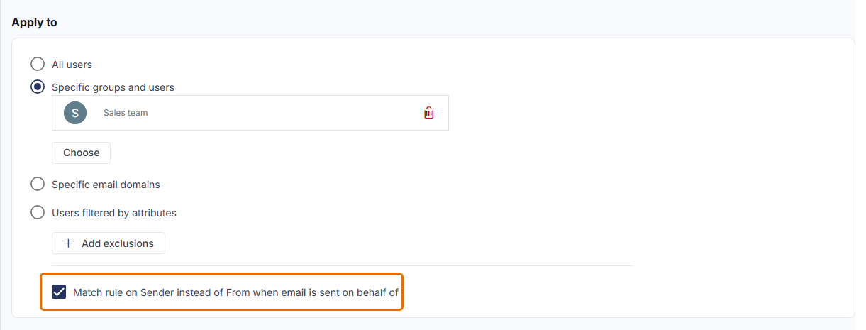 Apply to section with Specific groups and users selected and the Match rule on Sender instead of From when email is sent on behalf of checkbox highlighted.