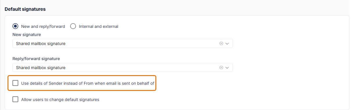 Default signatures section with the Use details of Sender instead of From when email is sent on behalf of checkbox highlighted and unticked.
