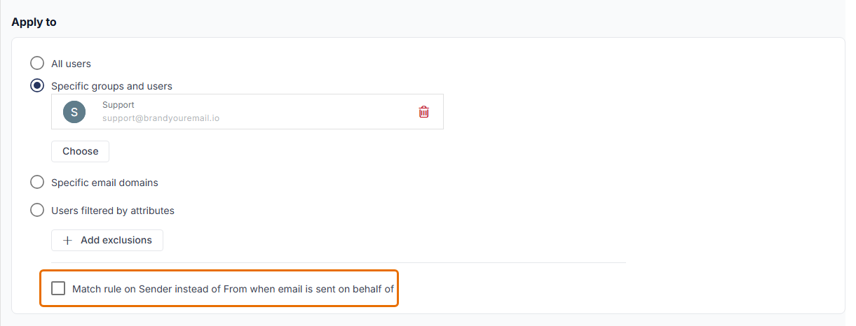 Apply to section with Specific groups and users selected for the Support mailbox and the Match rule on Sender instead of From when email is sent on behalf of checkbox highlighted and unticked.