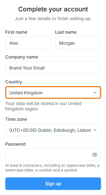 The Complete your account page with United Kingdom selected in the highlighted Country field, and the hint that your data will be stored in the United Kingdom region.