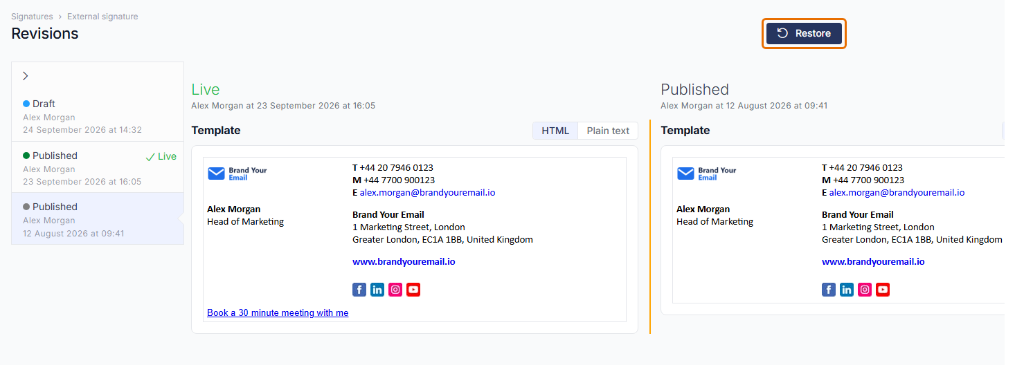 Revisions page comparing the live version with an older published revision, with the Restore button highlighted.