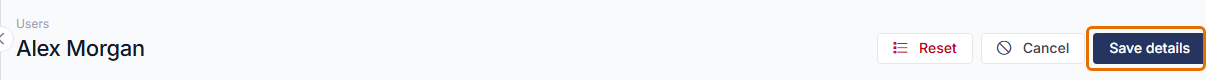 Page header for Alex Morgan with the Reset, Cancel and Save details buttons, and Save details highlighted.