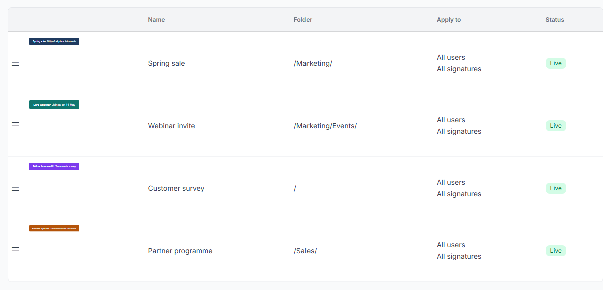 Campaign reorder list with drag handles, a Folder column, Apply to and Status for four campaigns.