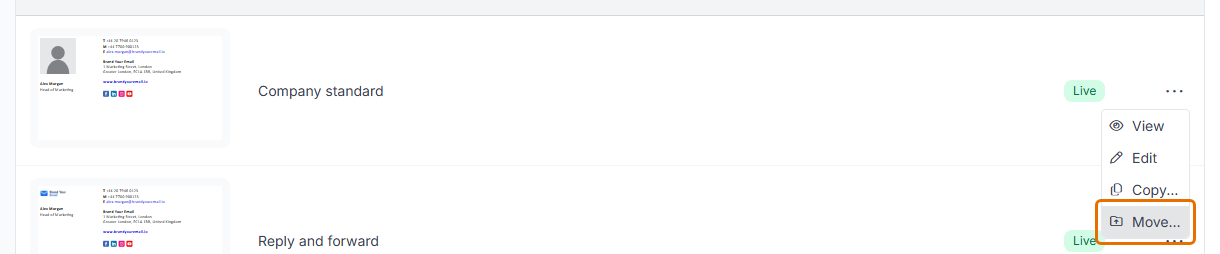 Template actions menu in list mode with View, Edit, Copy and Move, and Move highlighted.