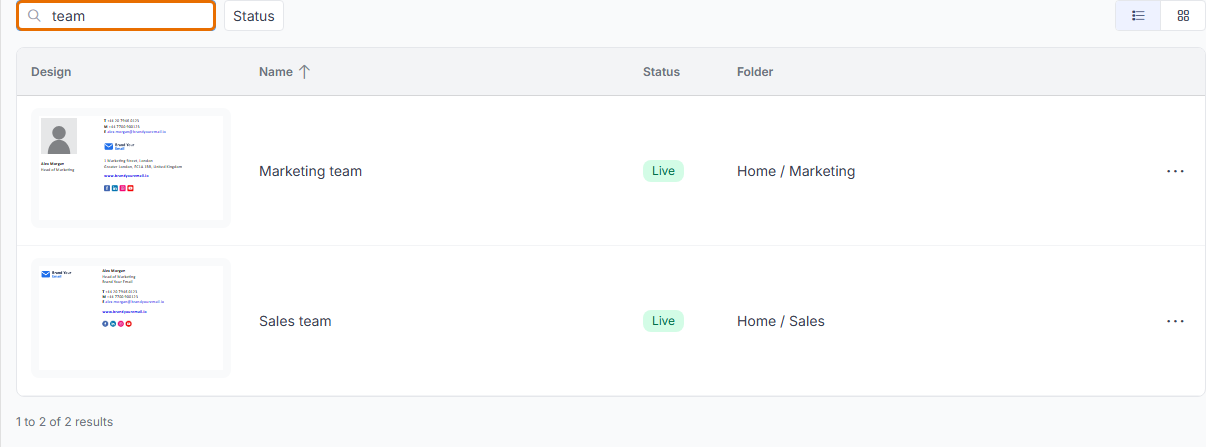 Signatures list filtered by the search term team, showing Marketing team and Sales team with their folders.