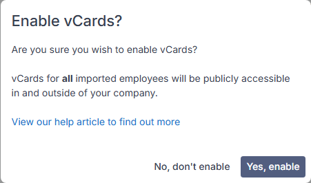 Enable vCards confirmation dialog with the Yes, enable button.