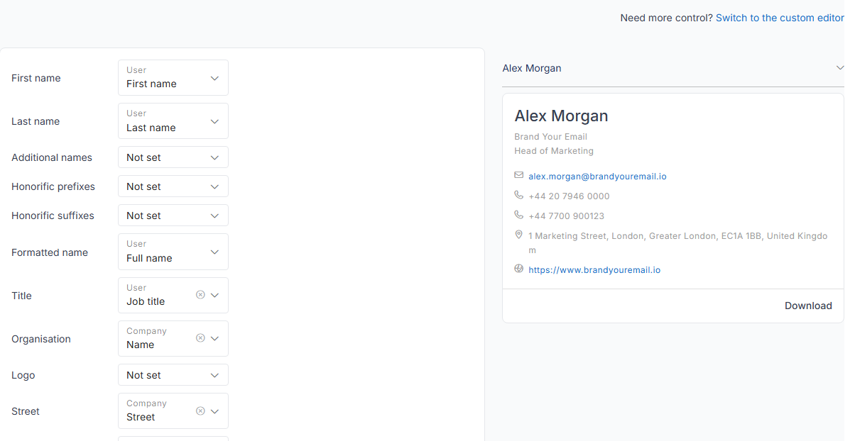 Signature 365 vCards settings showing the field configuration on the left and a vCard preview on the right.